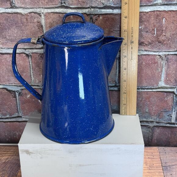 Vintage Cinsa Blue Speckled Enamelware Camping Percolator Coffee Pot Farmhouse - Picture 4 of 12